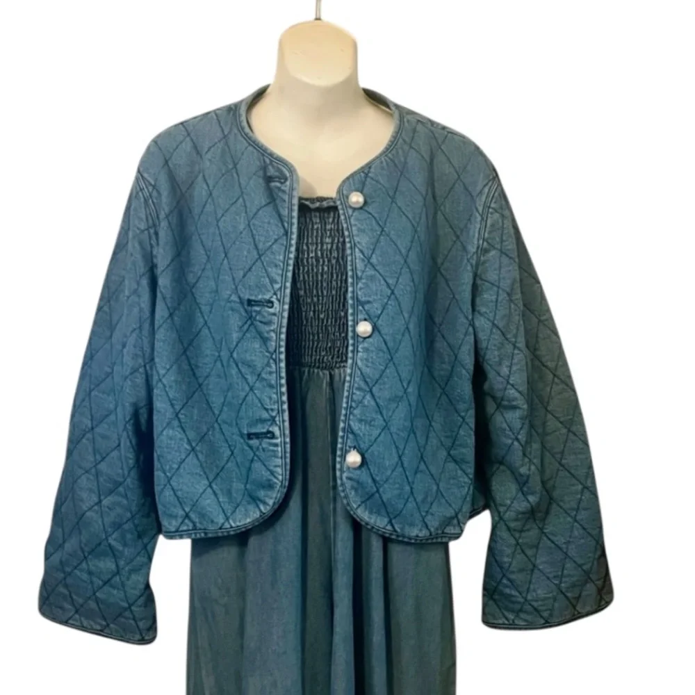 Kate Spade Women’s Blue Diamond-Pattern Quilted Cropped Denim Jean Jacket M